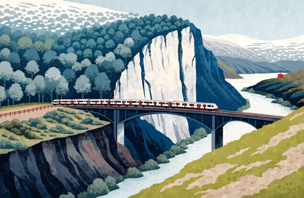 Illustrasjon: Tog på buebro over elvegjel i Romsdalen med bratt fjellvegg bak.