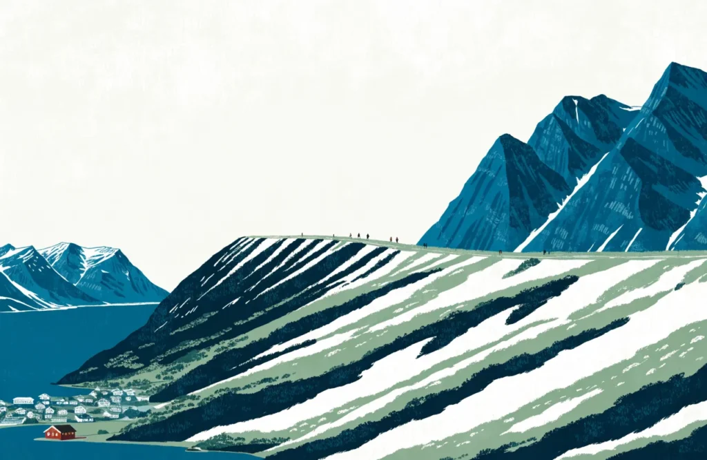 Illustrasjon: Ryggvandring på Romsdalseggen med Åndalsnes og fjord langt under.