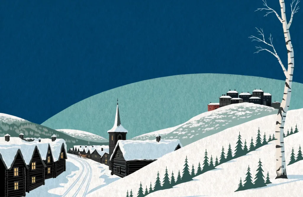 Illustrasjon: Vinterlig Røros med trehus, snø, slepespor og bergverk i bakgrunnen.