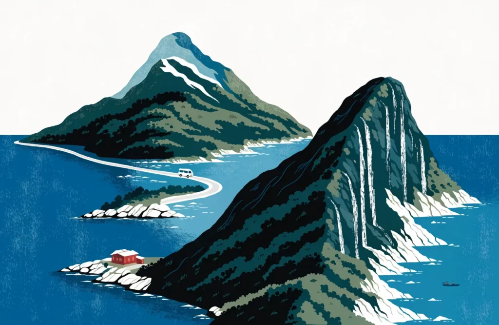 Illustrasjon: Bil på fjordvei med fall, fjell og rød hytte langs en norgesrute.