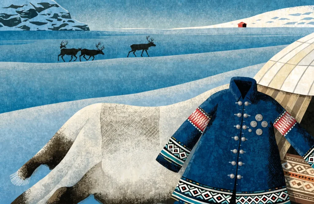 Illustrasjon: Samisk kofte med sølje på reinsdyrskinn, med lavvo og reinsdyr i snølandskapet.