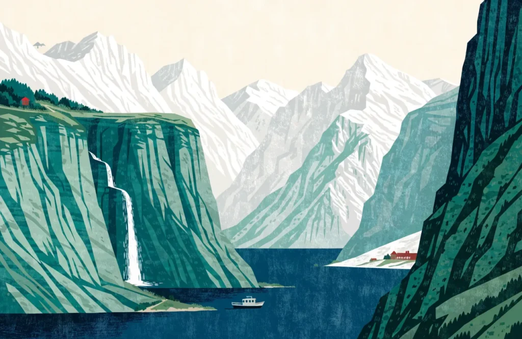 Illustrasjon: Fjordcruise på Sognefjorden mellom høye fjellvegger med foss.