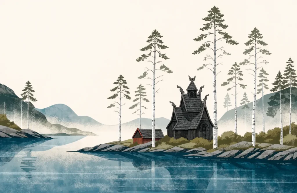 Illustrasjon: Stavkirke med dragehoder og sponetak blant furutrær i morgen Dis.