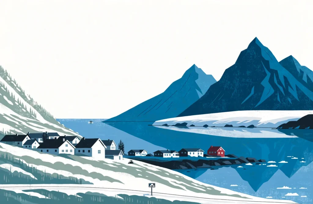 Illustrasjon: Fargede hus i Longyearbyen i polart mørke, med isbre og snøscooter i det fjerne.