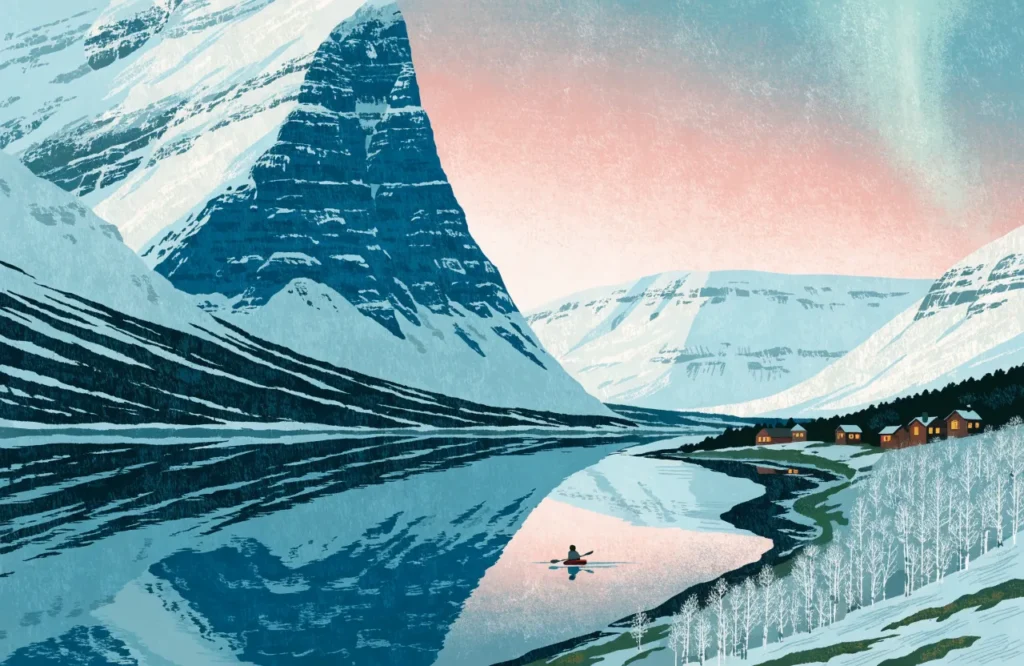 Illustrasjon: Kajakkpadler under fjell og nordlys i Tromsø