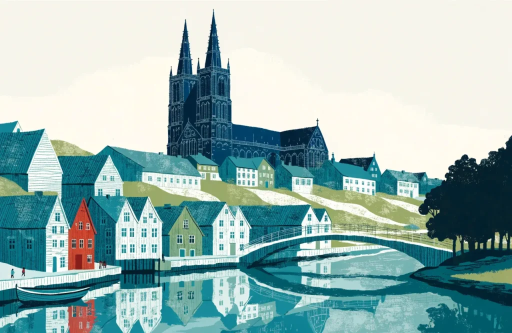 Illustrasjon: Nidarosdomen og elvefronten i Trondheim på sommerkveld