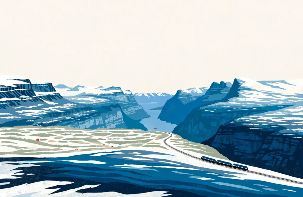 Illustrasjon: tog på en fjellstrekning i Norge med vid utsikt over fjord og fjell
