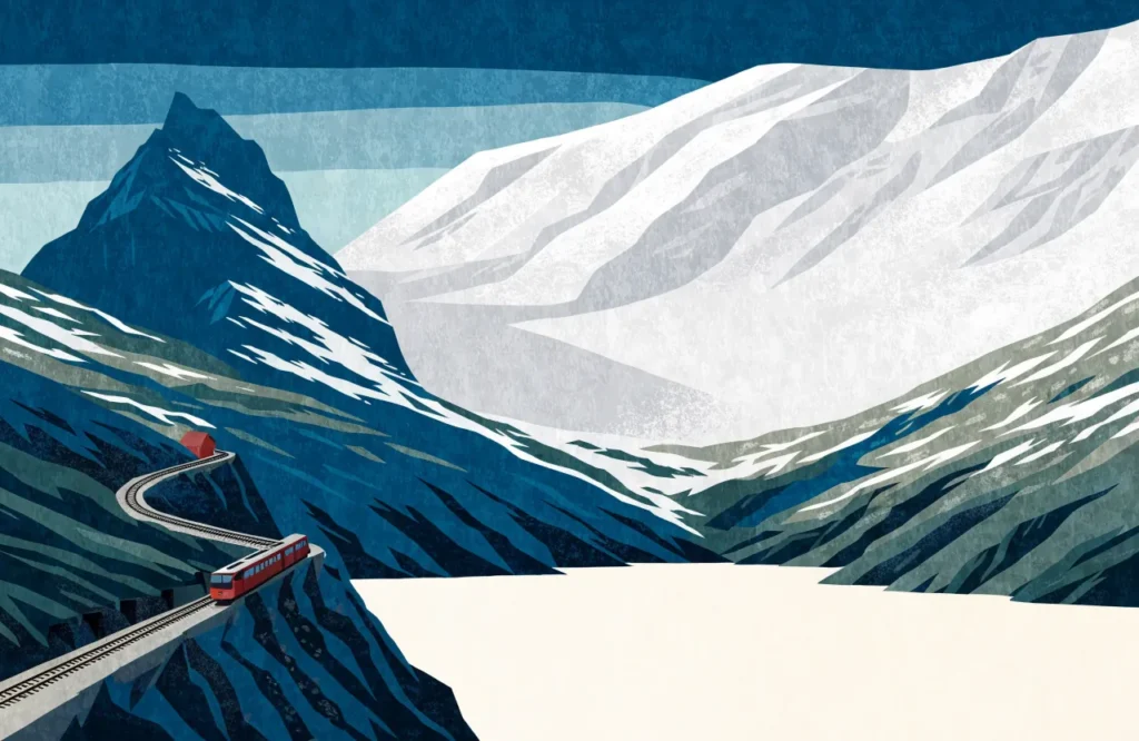 Illustrasjon: Rødt tog på Bergensbanen over snødekt fjellvidde