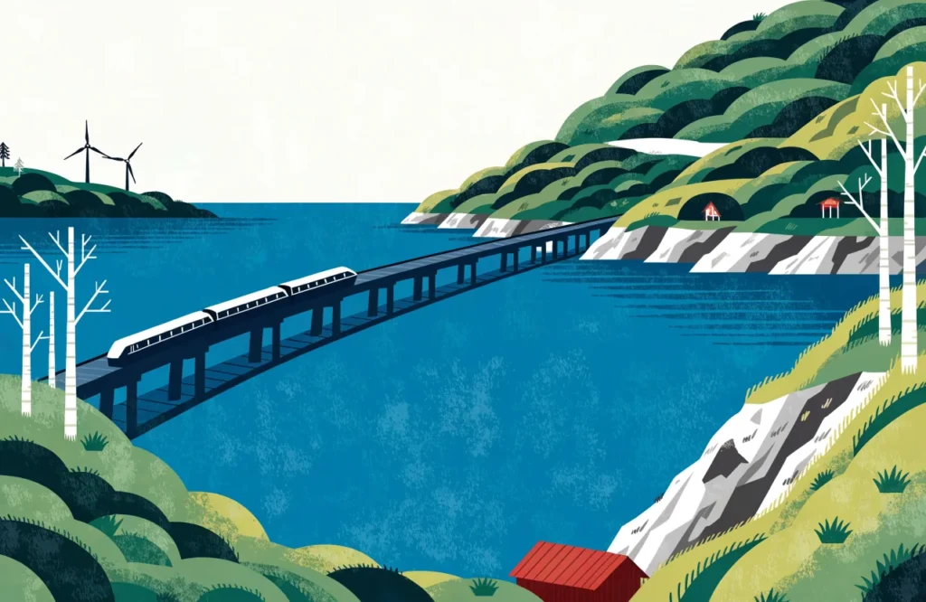 Illustrasjon: Tog krysser en bro over sundet mot København om sommeren