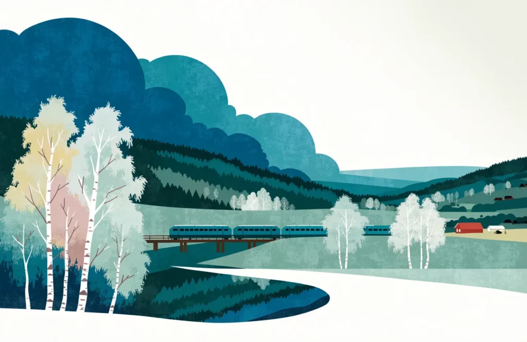 Illustrasjon: tog gjennom grønt sørlandsk landskap med elv og gårder