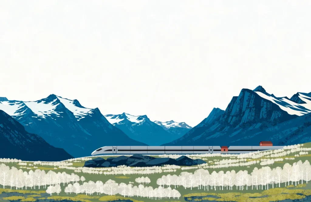Illustrasjon: Tog på Dovrefjell mellom Oslo og Trondheim med fjell i bakgrunnen