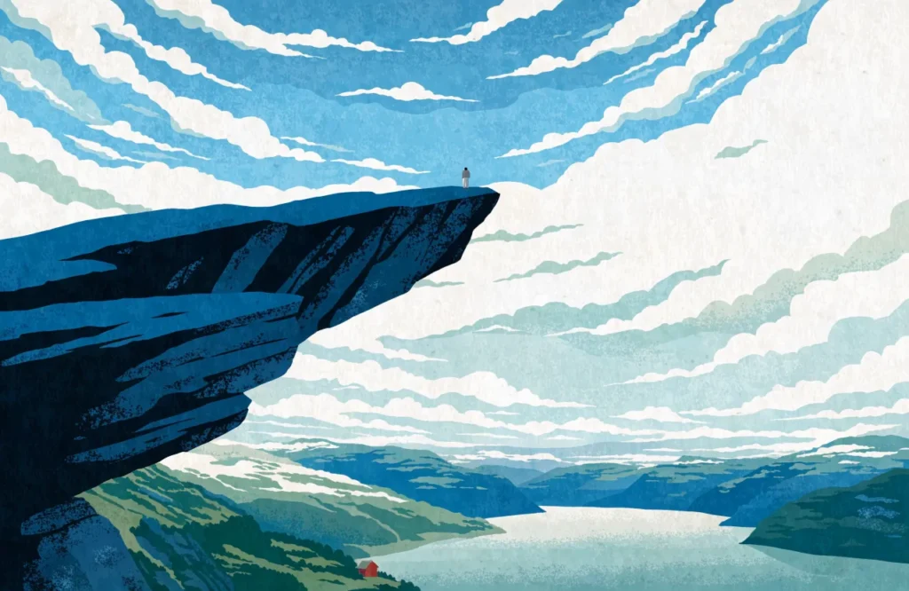 Illustrasjon: Trolltunga-klippen som stikker ut over Ringedalsvatnet med en liten fjellvandrer på kanten.