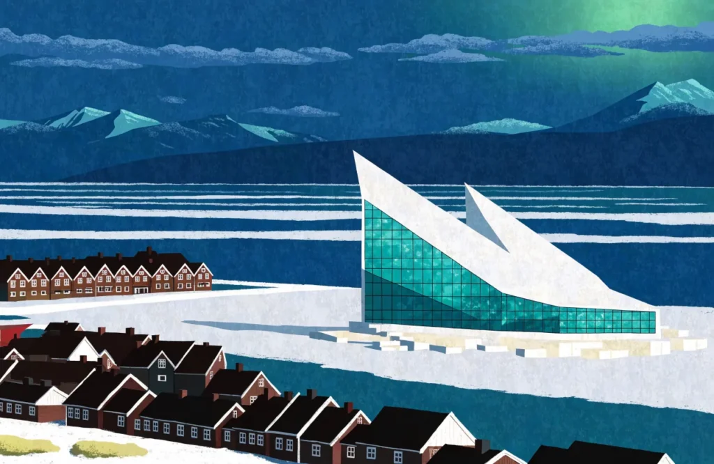 Illustrasjon: Tromsø i vintermørke med Ishavskatedralen og nordlys
