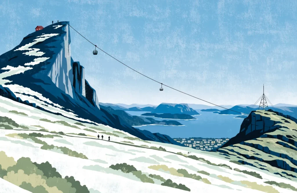 Illustrasjon: kabelbane opp til Ulriken med tursti og utsikt over Bergen
