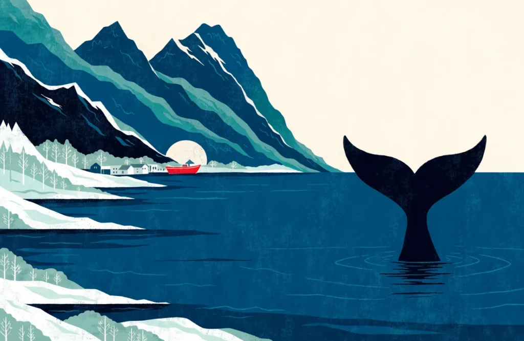 Illustrasjon: hvalsafaribåt med halekulp ved Vesterålen i midnattssol