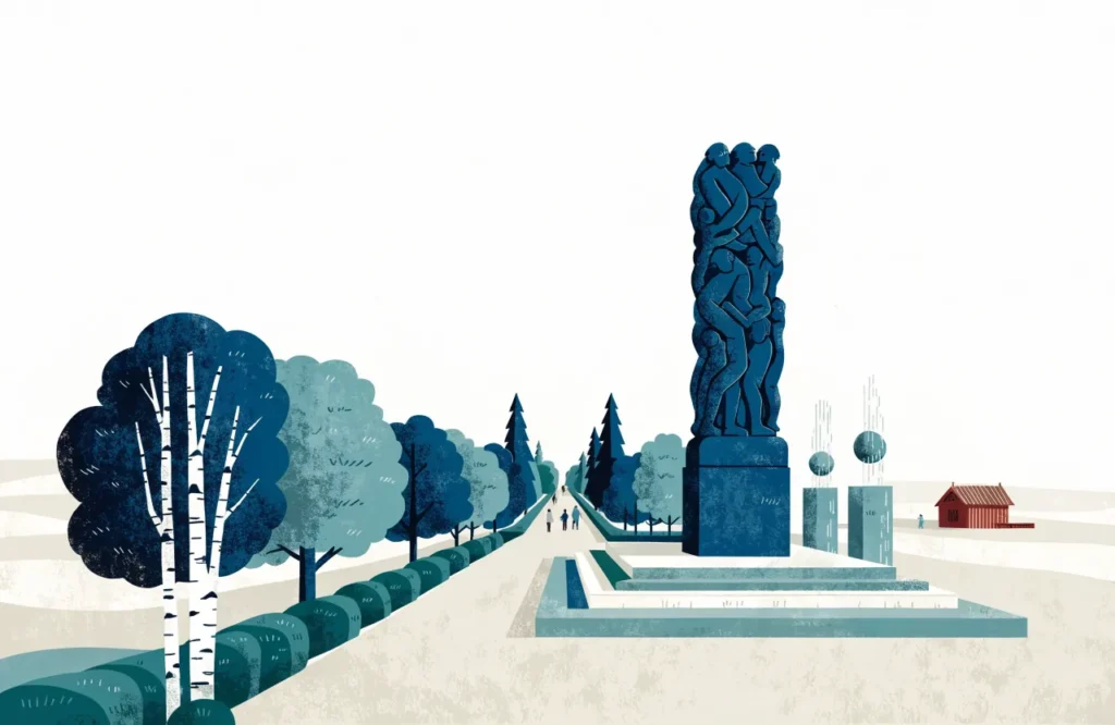 Illustrasjon: Monolitten i Vigelandsparken med fontener og allé