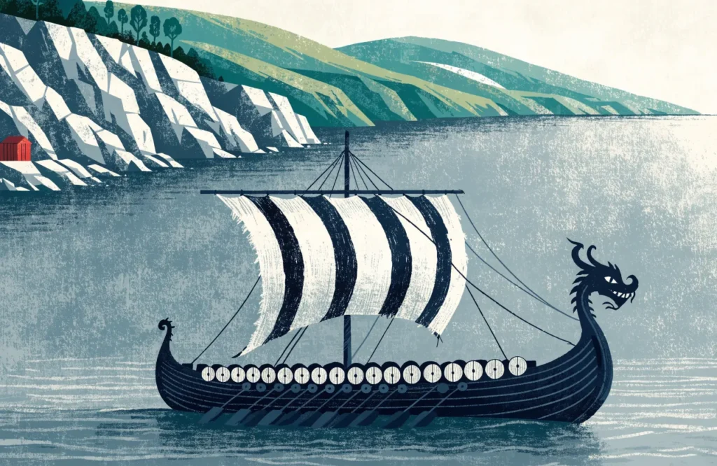 Illustrasjon: vikingskip med dragehode seiler langs norsk kyst