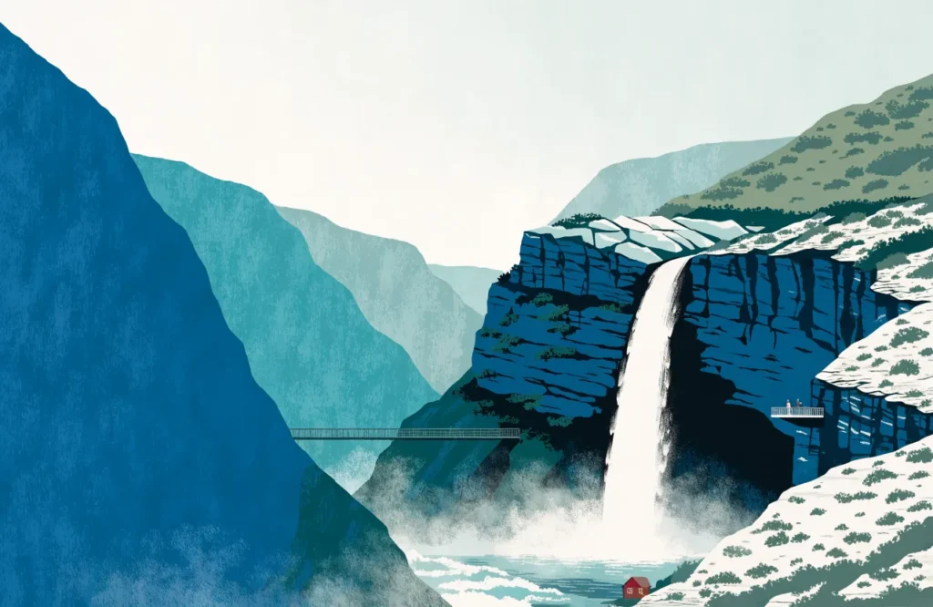 Illustrasjon: Vøringsfossen faller ned i canyon med trapp bru over juvet